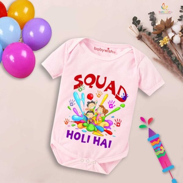 Baby First Holi Romper Clothes Baby holi festival Bodysuits Newborn Outfit Envelop Neck Half Sleeve Unisex Onesies "Squad me Holi" - Image 3