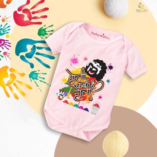 Baby First Holi Romper Clothes Baby holi festival Bodysuits Newborn Outfit Envelop Neck Half Sleeve Unisex Onesies "Holi Kab Hai" - Image 3