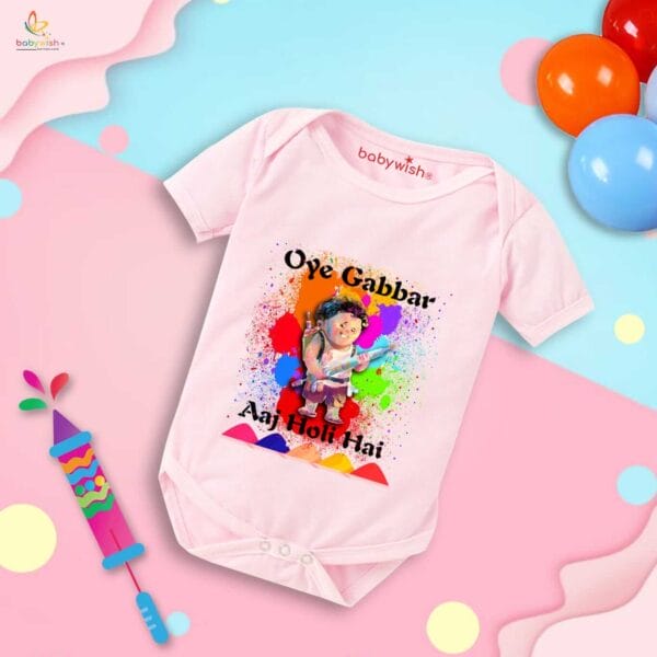 Baby First Holi Romper Clothes Baby holi festival Bodysuits Newborn Outfit Envelop Neck Half Sleeve Unisex Onesies "Oye Gabbar Aaj Holi Hai" - Image 3