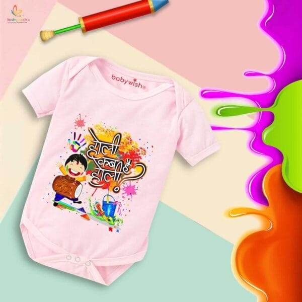 Baby First Holi Romper Clothes Baby holi festival Bodysuits Newborn Outfit Envelop Neck Half Sleeve Unisex Onesies "Holi Kab Hai Batao" - Image 3