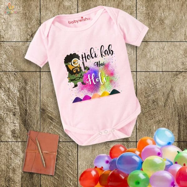 Baby First Holi Romper Clothes Baby holi festival Bodysuits Newborn Outfit Envelop Neck Half Sleeve Unisex Onesies "Gabbar printed on Holi" - Image 3