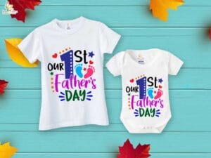 Fathers Day Special Combo White T-Shirts and Romper Sets for Father and baby Combo Pack of 2 | Our 1st Father's Day Foot Print|