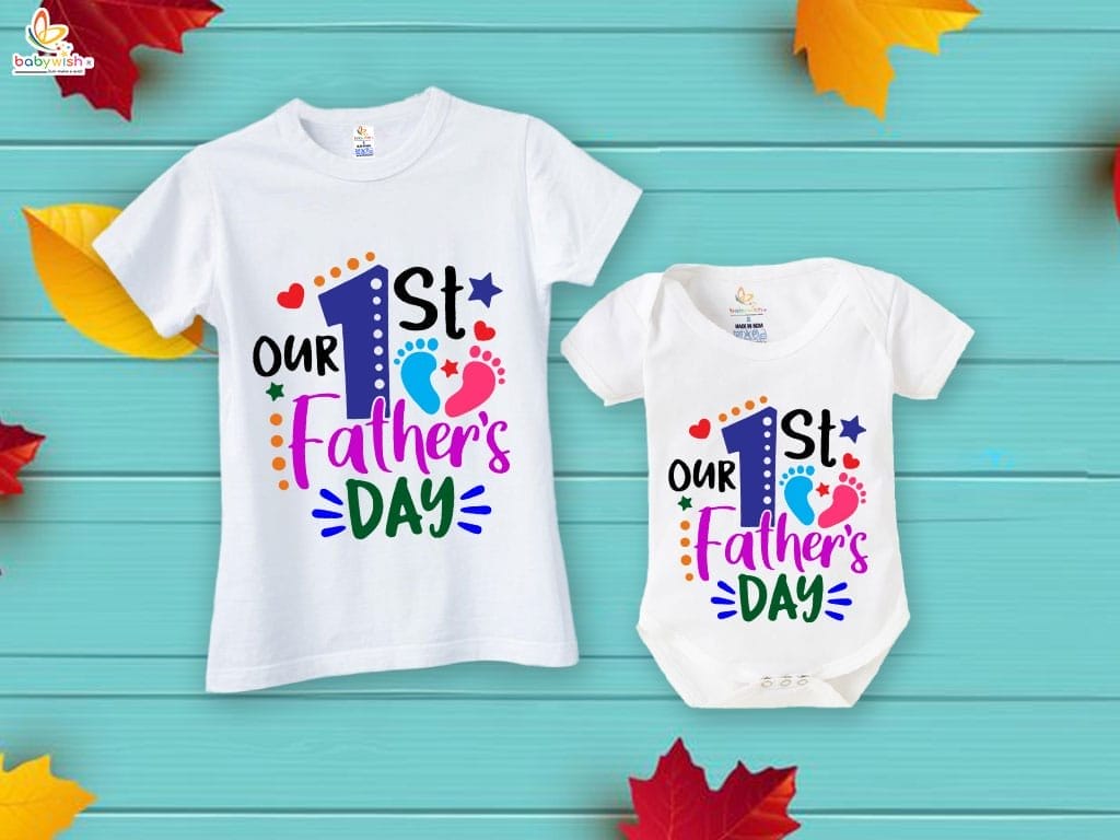 Fathers Day Special Combo White T-Shirts and Romper Sets for Father and baby Combo Pack of 2 | Our 1st Father's Day Foot Print|