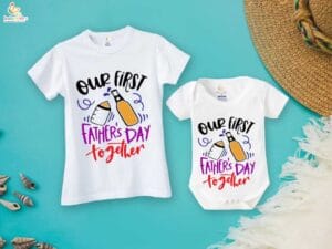 Fathers Day Special Combo White T-Shirts and Romper Sets for Father and baby Combo Pack of 2 | Our First Father's Day Together Bottles Print|