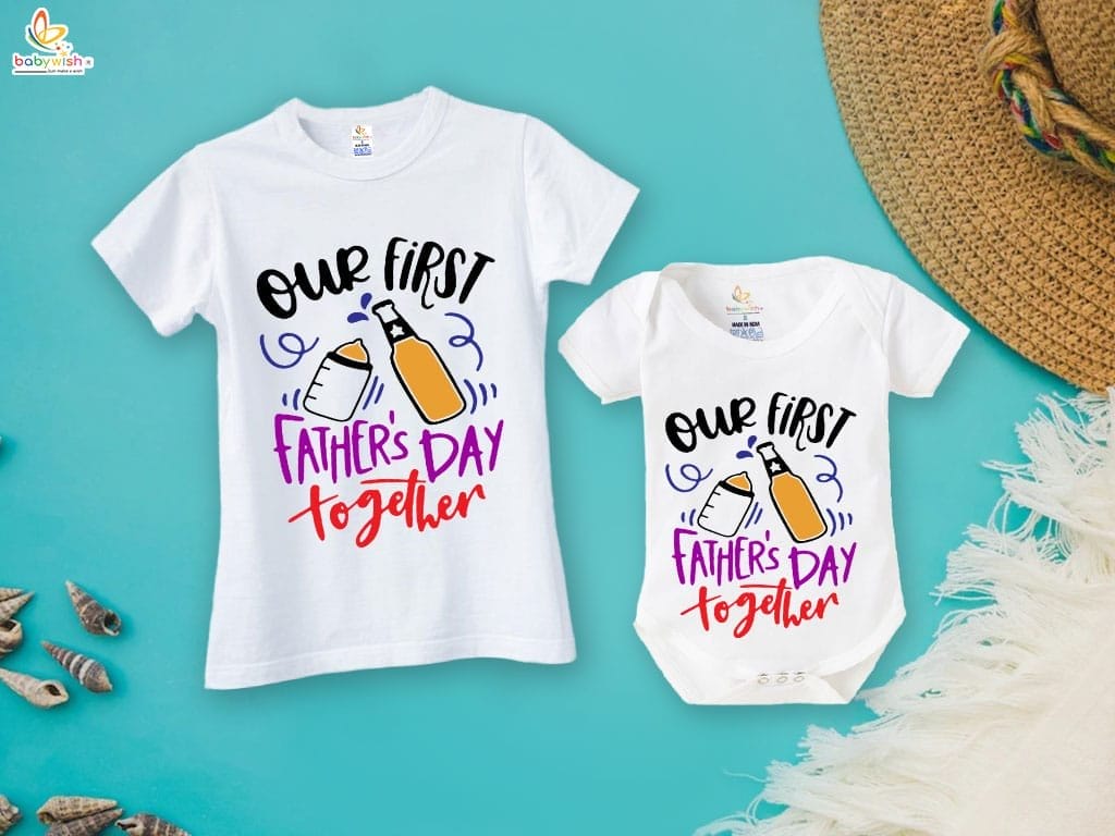 Fathers Day Special Combo White T-Shirts and Romper Sets for Father and baby Combo Pack of 2 | Our First Father's Day Together Bottles Print|