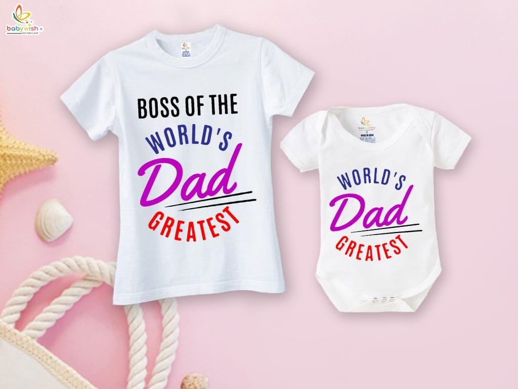 Fathers Day Special Combo White T-Shirts and Romper Sets for Father and baby Combo Pack of 2 | WORLD'S GREATEST DAD |
