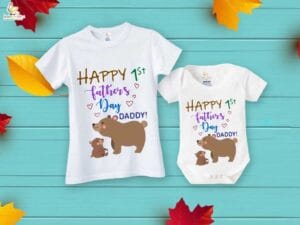 Fathers Day Special Combo White T-Shirts and Romper Sets for Father and baby Combo Pack of 2 | Happy 1st Father's Day Daddy Bear Print|