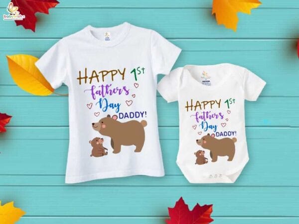 Fathers Day Special Combo White T-Shirts and Romper Sets for Father and baby Combo Pack of 2 | Happy 1st Father's Day Daddy Bear Print|