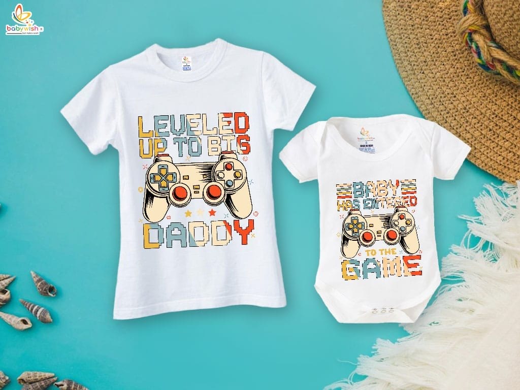 Fathers Day Special Combo White T-Shirts and Romper Sets for Father and baby Combo Pack of 2 | Leveled Up to Big Daddy |