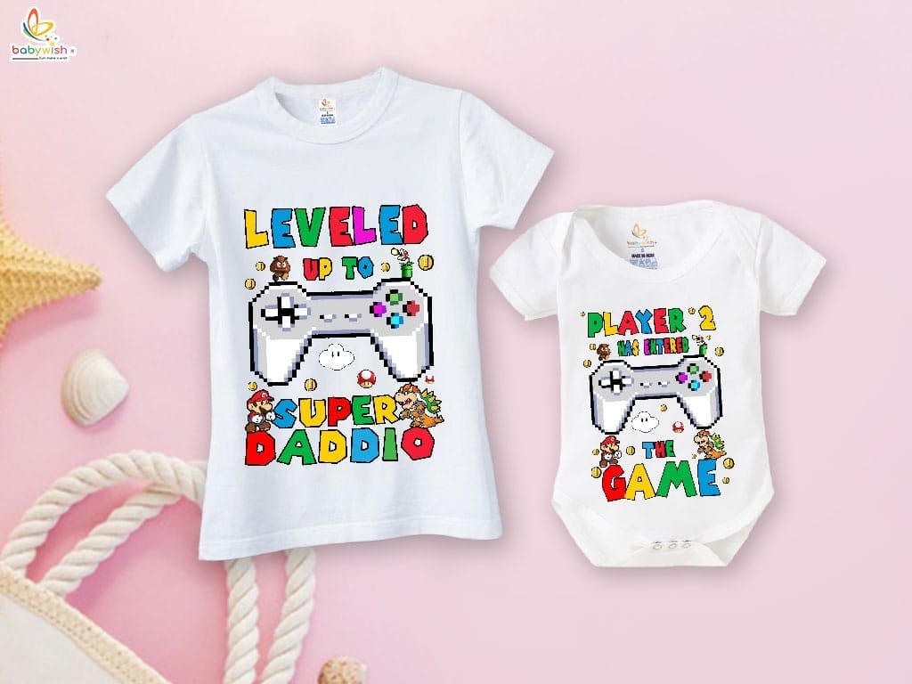 Fathers Day Special Combo White T-Shirts and Romper Sets for Father and baby Combo Pack of 2 | Leveled Up to SUPER DADDIO |