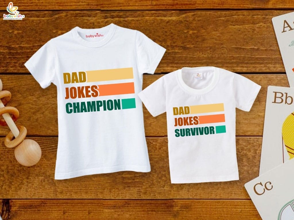 Fathers Day Special Combo White T-Shirts Sets for Father and KId Combo Pack of 2 | DAD JOKES CHAMPION & SURVIVOR |
