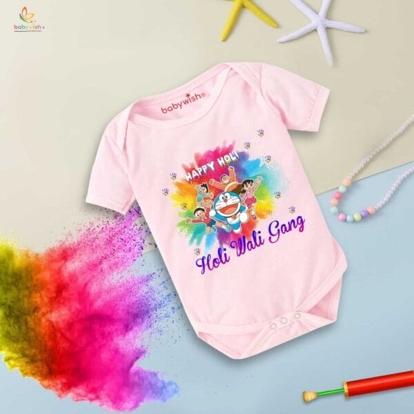 Baby First Holi Romper Clothes Baby holi festival Bodysuits Newborn Outfit Envelop Neck Half Sleeve Unisex Onesies "Happy Holi Cartoon Print" - Image 3