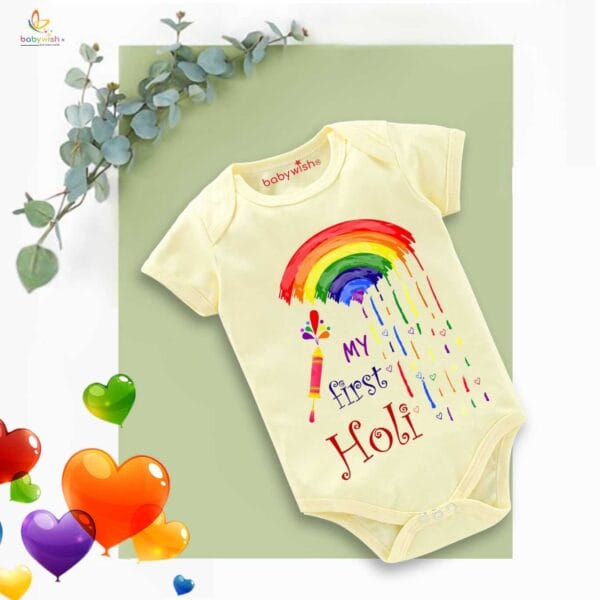 Baby First Holi Romper Clothes Baby holi festival Bodysuits Newborn Outfit Envelop Neck Half Sleeve Unisex Onesies "My First Holi Rainbow" - Image 4