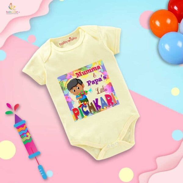 Baby First Holi Romper Clothes Baby holi festival Bodysuits Newborn Outfit Envelop Neck Half Sleeve Unisex Onesies "Boy Playing with Pichkari" - Image 4