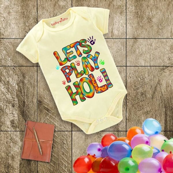 Baby First Holi Romper Clothes Baby holi festival Bodysuits Newborn Outfit Envelop Neck Half Sleeve Unisex Onesies "Lets Play Holi" - Image 4