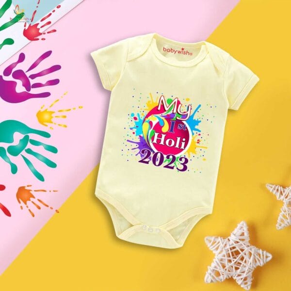 Baby First Holi Romper Clothes Baby holi festival Bodysuits Newborn Outfit Envelop Neck Half Sleeve Unisex Onesies "My First Holi in 2023" - Image 4