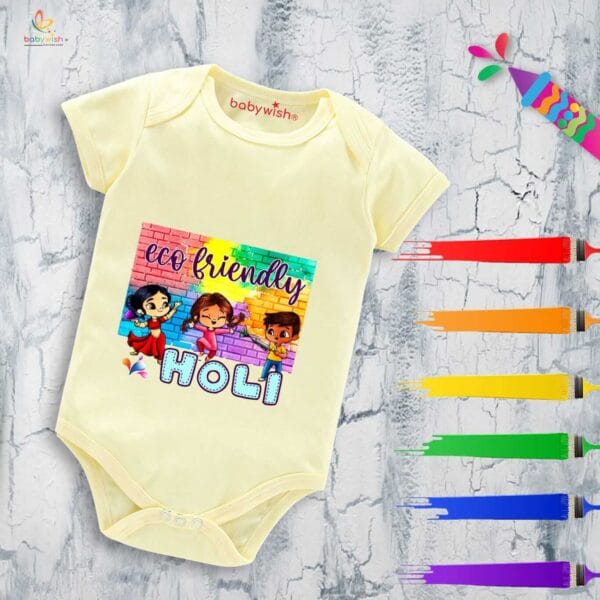 Baby First Holi Romper Clothes Baby holi festival Bodysuits Newborn Outfit Envelop Neck Half Sleeve Unisex Onesies "Play Ecofriendly Holi" - Image 4