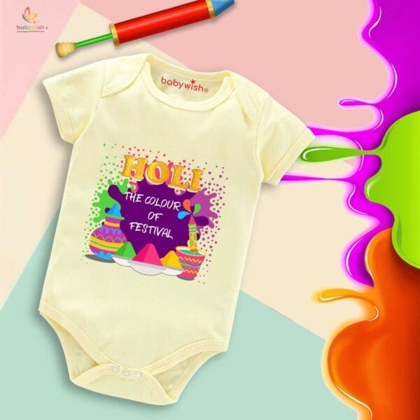 Baby First Holi Romper Clothes Baby holi festival Bodysuits Newborn Outfit Envelop Neck Half Sleeve Unisex Onesies "Holi is the Colorful Festivals" - Image 4