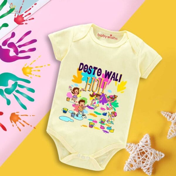 Baby First Holi Romper Clothes Baby holi festival Bodysuits Newborn Outfit Envelop Neck Half Sleeve Unisex Onesies "Dosto Wali Group Holi" - Image 4