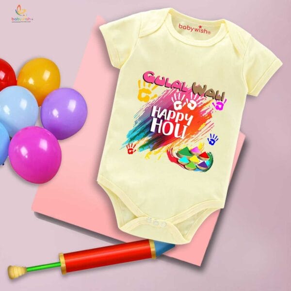 Baby First Holi Romper Clothes Baby holi festival Bodysuits Newborn Outfit Envelop Neck Half Sleeve Unisex Onesies "Gulal Wali Happy Holi" - Image 4