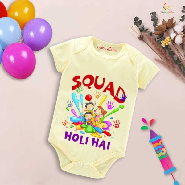 Baby First Holi Romper Clothes Baby holi festival Bodysuits Newborn Outfit Envelop Neck Half Sleeve Unisex Onesies "Squad me Holi" - Image 4