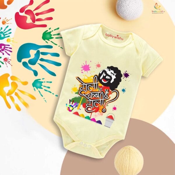 Baby First Holi Romper Clothes Baby holi festival Bodysuits Newborn Outfit Envelop Neck Half Sleeve Unisex Onesies "Holi Kab Hai" - Image 4