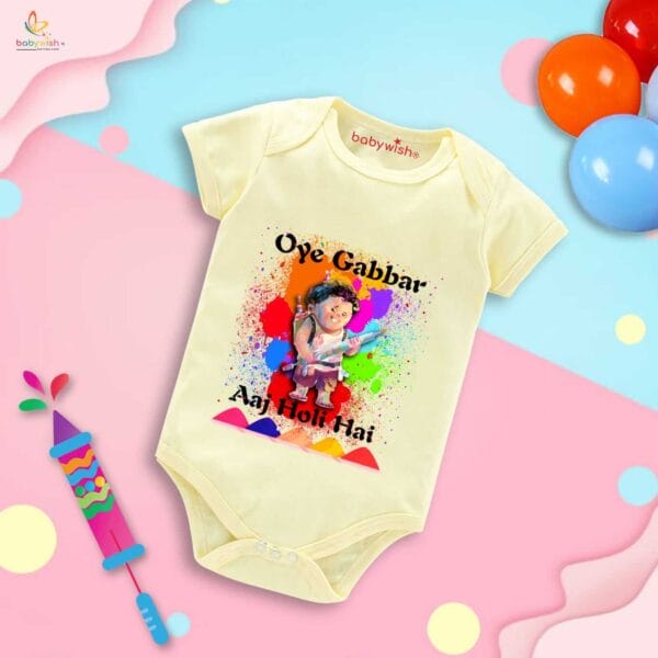 Baby First Holi Romper Clothes Baby holi festival Bodysuits Newborn Outfit Envelop Neck Half Sleeve Unisex Onesies "Oye Gabbar Aaj Holi Hai" - Image 4