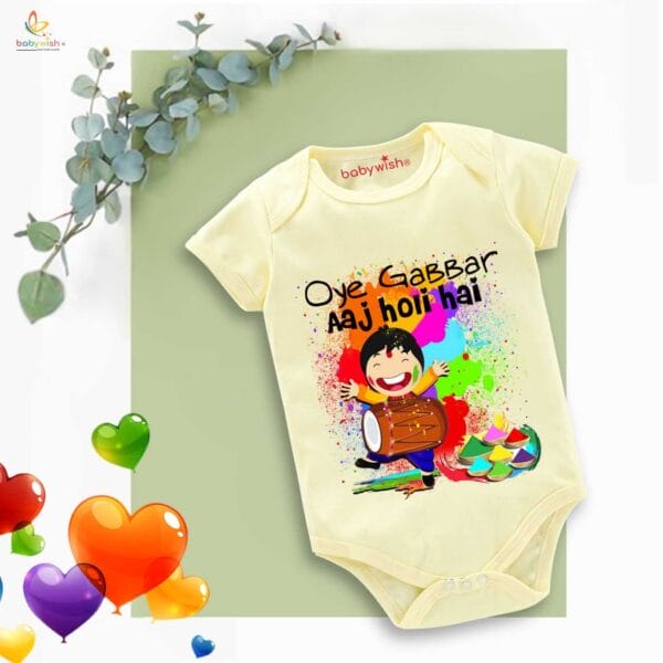 Baby First Holi Romper Clothes Baby holi festival Bodysuits Newborn Outfit Envelop Neck Half Sleeve Unisex Onesies "Oye Gabbar Aaj Colorful Holi Hai" - Image 3