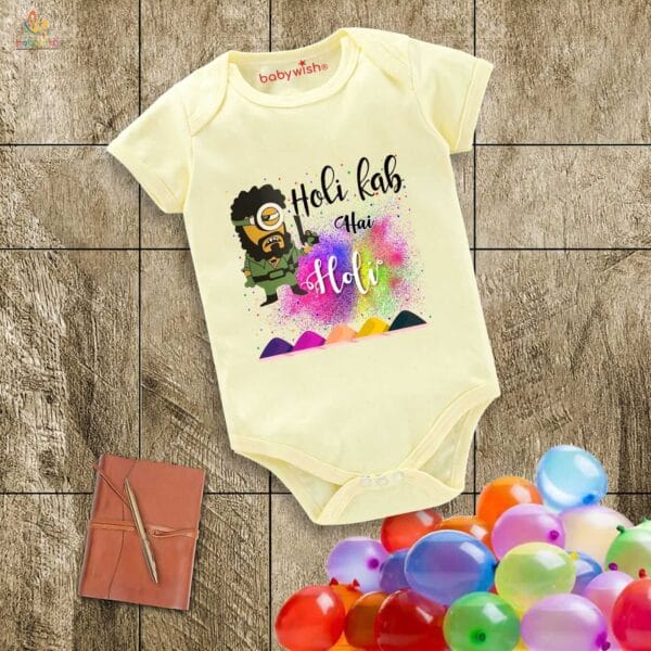 Baby First Holi Romper Clothes Baby holi festival Bodysuits Newborn Outfit Envelop Neck Half Sleeve Unisex Onesies "Gabbar printed on Holi" - Image 2
