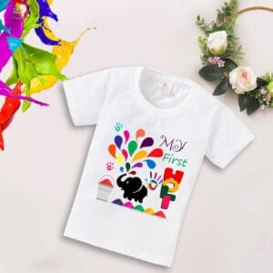 Holi T-shirt for Kids Unisex Holi Topwear Outfit Printed Half Sleeve Tshirt Dress for Boy n Girl "Elephant Print Holi"