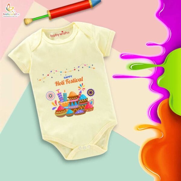 Baby First Holi Romper Clothes Baby holi festival Bodysuits Newborn Outfit Envelop Neck Half Sleeve Unisex Onesies "Happy Holi Festivals Watergun" - Image 2