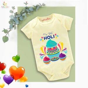 Baby First Holi Romper Clothes Baby holi festival Bodysuits Newborn Outfit Envelop Neck Half Sleeve Unisex Onesies "First Colorful Holi"