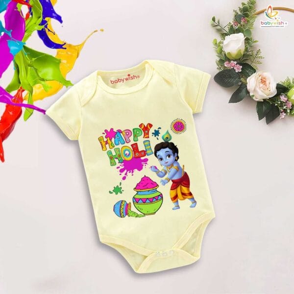 Baby First Holi Romper Clothes Baby holi festival Bodysuits Newborn Outfit Envelop Neck Half Sleeve Unisex Onesies "Holi Celebrations with Kanha" - Image 3