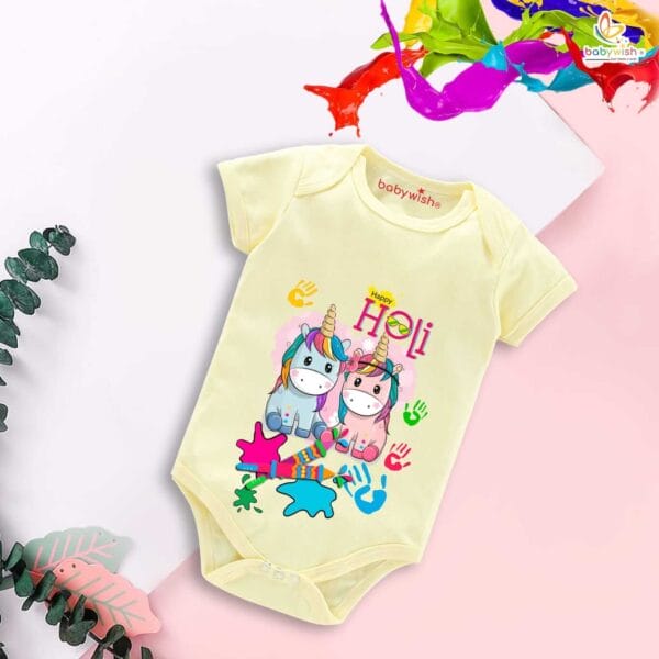Baby First Holi Romper Clothes Baby holi festival Bodysuits Newborn Outfit Envelop Neck Half Sleeve Unisex Onesies "Holi Celebrations with Unicorn" - Image 3