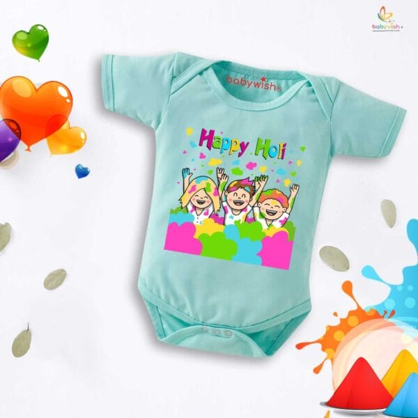 Baby First Holi Romper Clothes Baby holi festival Bodysuits Newborn Outfit Envelop Neck Half Sleeve Unisex Onesies"Happy Holi" - Image 2