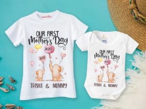 Mothers Day Special Combo White T-Shirts and Romper Sets for Mother and baby Combo Pack of 2