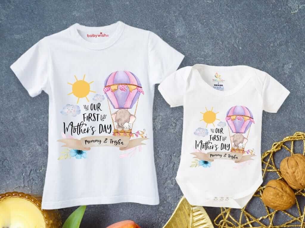 Mothers Day Special Combo White T-Shirts and Romper Sets for Mother and baby Combo Pack of 2