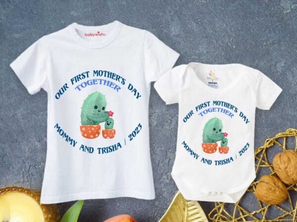 Mothers Day Special Combo White T-Shirts and Romper Sets for Mother and baby Combo Pack of 2