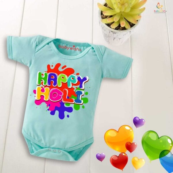 Baby First Holi Romper Clothes Baby holi festival Bodysuits Newborn Outfit Envelop Neck Half Sleeve Unisex Onesies "Colorful Holi" - Image 4