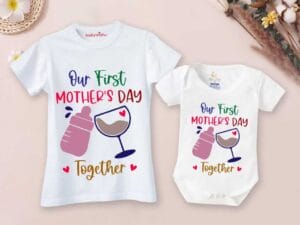 Mothers Day Special Combo White T-Shirts and Romper Sets for Mother and baby Combo Pack of 2