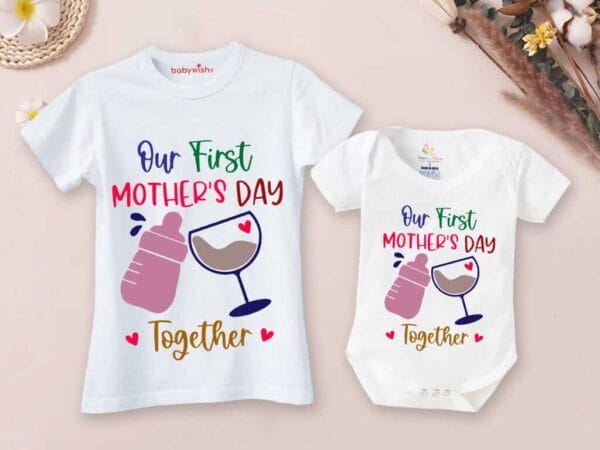 Mothers Day Special Combo White T-Shirts and Romper Sets for Mother and baby Combo Pack of 2