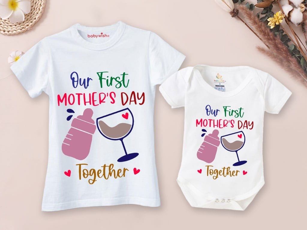 Mothers Day Special Combo White T-Shirts and Romper Sets for Mother and baby Combo Pack of 2
