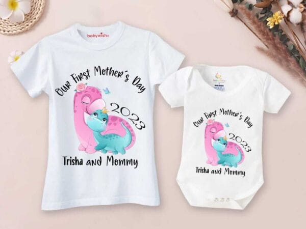 Mothers Day Special Combo White T-Shirts and Romper Sets for Mother and baby Combo Pack of 2