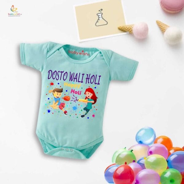 Baby First Holi Romper Clothes Baby holi festival Bodysuits Newborn Outfit Envelop Neck Half Sleeve Unisex Onesies "Dosto Wali Holi Festival" - Image 4