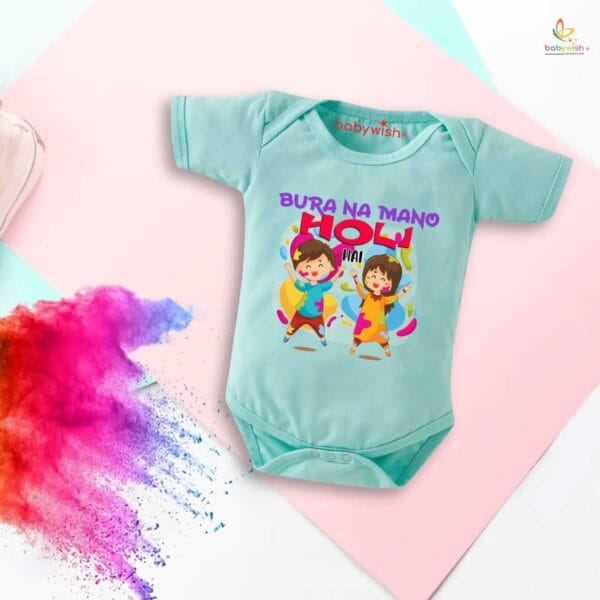 Baby First Holi Romper Clothes Baby holi festival Bodysuits Newborn Outfit Envelop Neck Half Sleeve Unisex Onesies "Bura Na Mano It's Festival" - Image 4