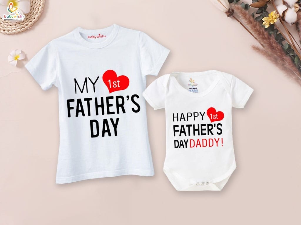 Fathers Day Special Combo White T-Shirts and Romper Sets for Father and baby Combo Pack of 2 | Happy 1st Father's Day Daddy !|