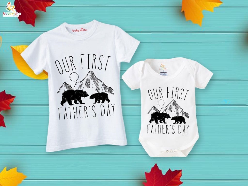 Fathers Day Special Combo White T-Shirts and Romper Sets for Father and baby Combo Pack of 2 |OUR FIRST FATHER'S DAY BEAR'S PRINT|