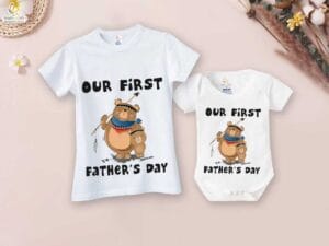 Fathers Day Special Combo White T-Shirts and Romper Sets for Father and baby Combo Pack of 2 | Our First Father's Day Bear Print|