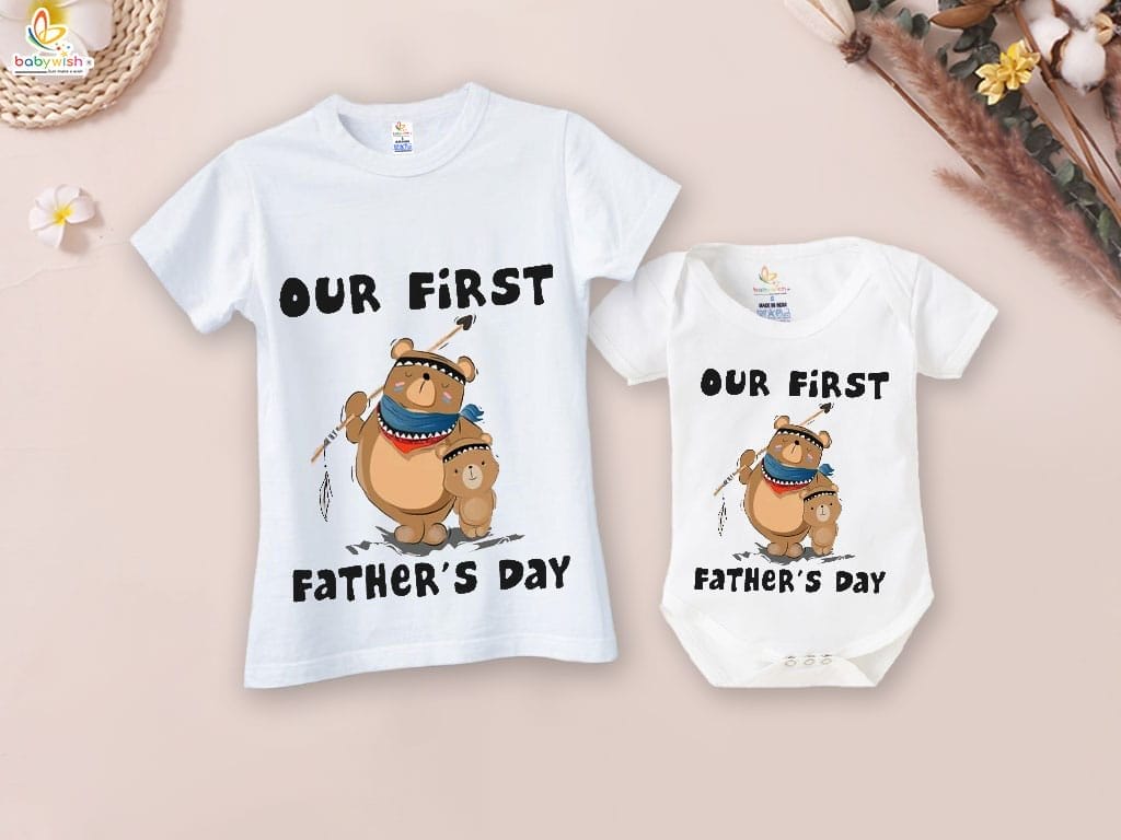 Fathers Day Special Combo White T-Shirts and Romper Sets for Father and baby Combo Pack of 2 | Our First Father's Day Bear Print|