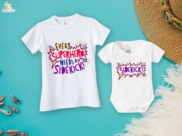 Fathers Day Special Combo White T-Shirts and Romper Sets for Father and baby Combo Pack of 2 | Every Superhero Needs a Sidekick !|